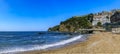 View of Budva Old Town Citadel and the Adriatic Sea from Richard s Head beach in Montenegro, Balkans on a sunny day Royalty Free Stock Photo
