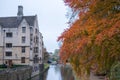 View of building and autumn leaves along river Cam in Cambridge Royalty Free Stock Photo