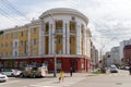 View of the building built in the period of Stalin from the intersection of Karatanov Street and Prospekt Mira in the old center