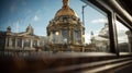 A view of a building with gold domes and windows, AI