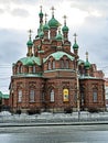 View of the building of the Holy Trinity Church on a cloudy spring day in Chelyabinsk