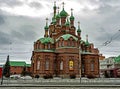 View of the building of the Holy Trinity Church on a cloudy spring day in Chelyabinsk