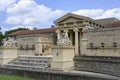 View of the building with inscription `The Semashko mud baths` and sculptures in the city of Essentuki, Russia, built in 1913 Royalty Free Stock Photo