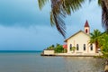 View of the building by the ocean, Raiatea island, French Polynesia. Copy space for text