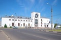 View of the building of the railway station on a sunny june day. Velikiy Novgorod Russia