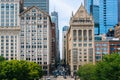 View of buildings along Monroe Street in Chicago, Illinois