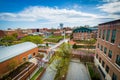 View of buildings and Carroll Creek Park, in Frederick, Maryland