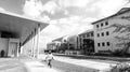 View of buildings at a college campus in grayscale in Johannesburg, South Africa