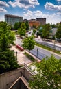 View of buildings and a divided street in Towson, MD Royalty Free Stock Photo