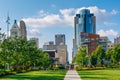 View of buildings in downtown from Smale Riverfront Park, in Cincinnati, Ohio