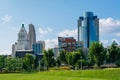 View of buildings in downtown from Smale Riverfront Park, in Cincinnati, Ohio