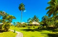 View of the bungalow in the lagoon Huahine, French Polynesia