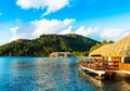 View of the bungalow in the lagoon Huahine, French Polynesia