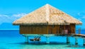 View of the bungalow in the lagoon Huahine, French Polynesia