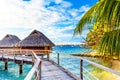 View of the bungalow on the sandy beach, Bora Bora, French Polynesia