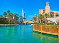 The view of Burj al Arab behind the canal of Souk Madinat Jumeirah market, Dubai, UAE Royalty Free Stock Photo