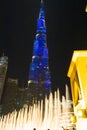 Night view Burj Khalifa and Dubai fountain jets UAE Royalty Free Stock Photo