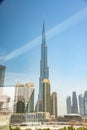 View at the Burj Khalifa tower from the metro train, Dubai, Arab Emirates