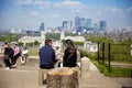 View on business district Canary Wharf from old English park, south of London Royalty Free Stock Photo