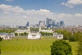 View on business district Canary Wharf from old English park, south of London Royalty Free Stock Photo