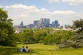 View on business district Canary Wharf from old English park, south of London Royalty Free Stock Photo