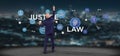 Businessman in front of a wall with Cloud of justice and law icon bubble with data 3d rendering Royalty Free Stock Photo