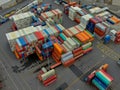 View of a bustling container port in Australia, with a variety of containers, cranes, and ships