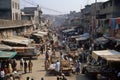 view of bustling market, with vendors selling their wares and customers browsing for bargains