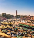 View of the busy Jamaa el Fna market square in Marrakesh, Morocco Royalty Free Stock Photo