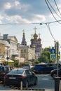 Nizhny Novgorod, Russia, July 6, 2023. View of the domes of the Nativity Cathedral from the street of the same name.