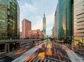 View of a busy street corner at rush hour in Taipei, the capital city of Taiwan Royalty Free Stock Photo