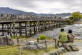 View of the busy Togetsukyo Bridge in Kyoto