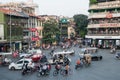 View of busy traffic in an intersection with many motorbikes and vehicles in Hanoi, capital of Vietnam. Royalty Free Stock Photo