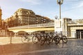 Parked bycicles near of famous ayuntamiento bridge in bilbao city. Spain