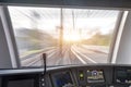 View from the cabin of the passenger train to the railway and turn at the speed of movement Royalty Free Stock Photo