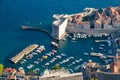 View from cable car Dubrovnik, Croatia. Looking down onto the historic old town walls and harbor Royalty Free Stock Photo