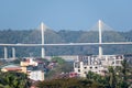 A view of the cable stayed Atal Setu bridge above a cityscape of Panaji