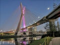 View of the cable-stayed bridge of the marginal cycle lane at night