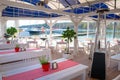 view of the cafe with the port. Mikolajki, Poland Royalty Free Stock Photo