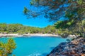 View Cala Turqueta beach in Menorca, Balearic islands Spain