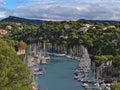 View of Calanque de Port-Miou near town Cassis, French Riviera, France with moored boats on sunny day in autumn in the Calanques. Royalty Free Stock Photo