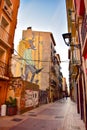 View of the Calle de las Armas with the graffiti of a drunk reindeer in Saragossa, Spain