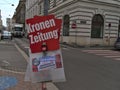 View of a Sonntagsstandl, a newspaper sales point, of populistic paper Kronen Zeitung (Krone) in Vienna, Austria.