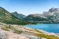 View at calm bay in Norway, between Nesna and Maela villages, blue water of Atlantic ocean, mountains, Calm sunny summer day