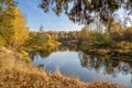 view of a calm river, autumn, Sunny day. In the foreground are beautiful twigs and leaves. Reflection Royalty Free Stock Photo