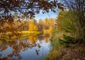 view of a calm river, autumn, Sunny day. In the foreground are beautiful twigs and leaves. Reflection Royalty Free Stock Photo