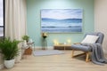 view of a calming seascape painting in a therapy room