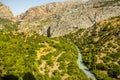 A view from the Caminito del Rey pathway looking back along the wide section of the Gaitanejo river gorge near Ardales, Spain