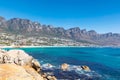 View Camps bay beautiful beach with turquoise water and mountains in Cape Town