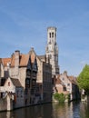 View from the canal of the Belfry, Bruges, Belgium Royalty Free Stock Photo